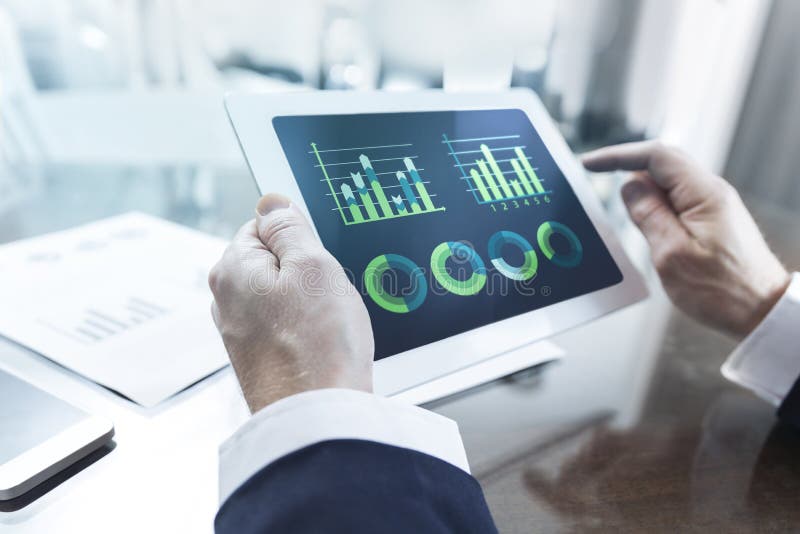 sales figures concept businessman working digital tablet office financial data close up modern using computer charts 77405427